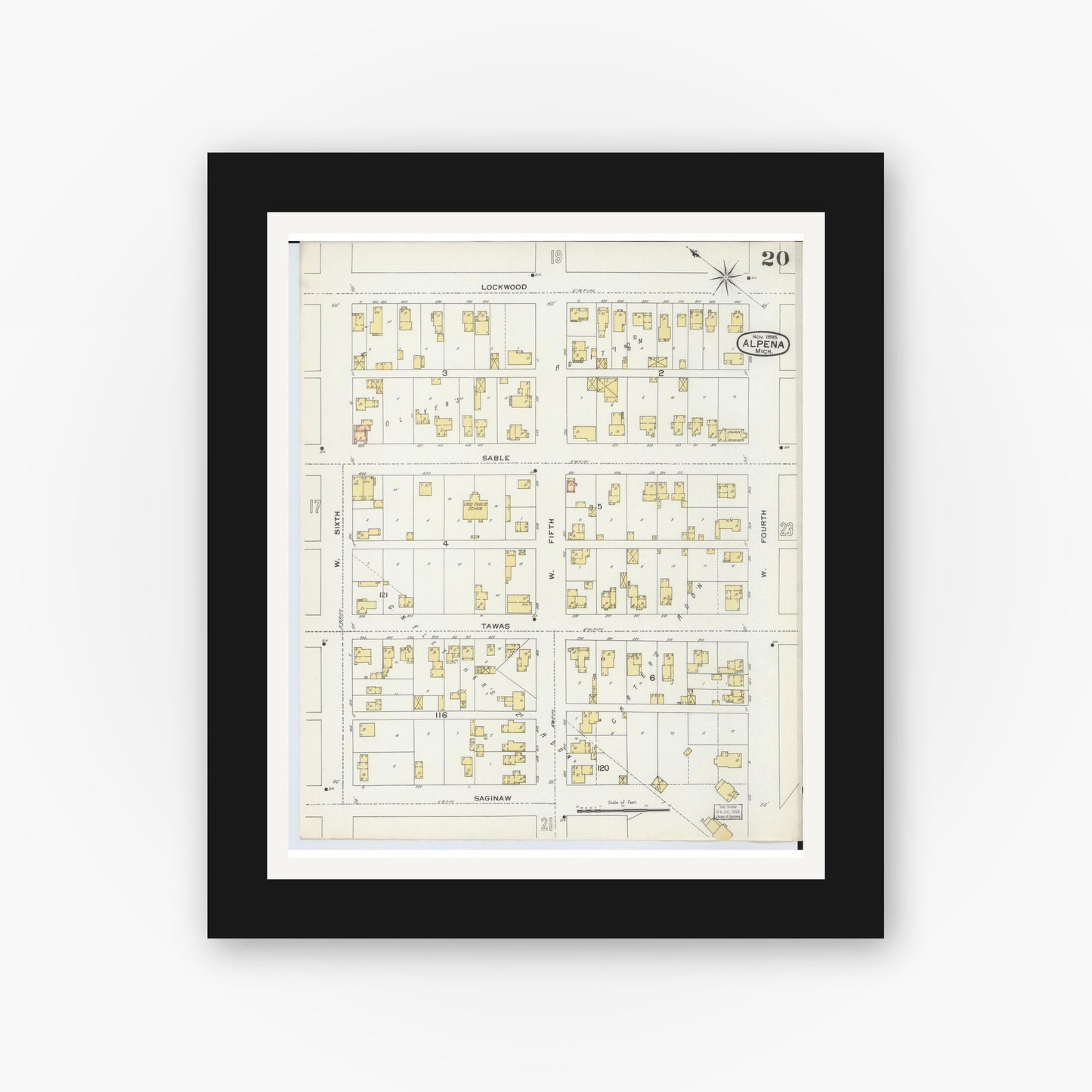 Old map wall art mockup — black gallery frame with white mat — Sanborn Fire Insurance Map from Alpena, Alpena County, Michigan (1895), Sheet #0020