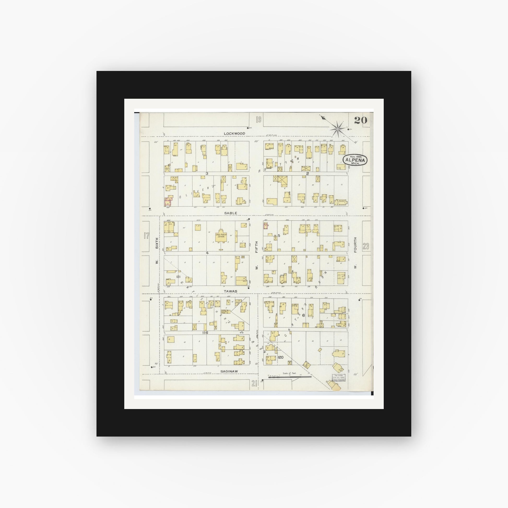 Old map wall art mockup — black gallery frame with white mat — Sanborn Fire Insurance Map from Alpena, Alpena County, Michigan (1895), Sheet #0020
