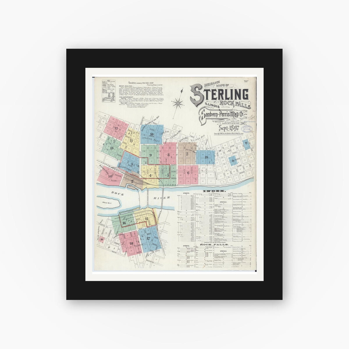 Old map wall art mockup — black gallery frame with white mat — Sanborn Fire Insurance Map from Sterling, Whiteside County, Illinois (1897) - Complete Map Set
