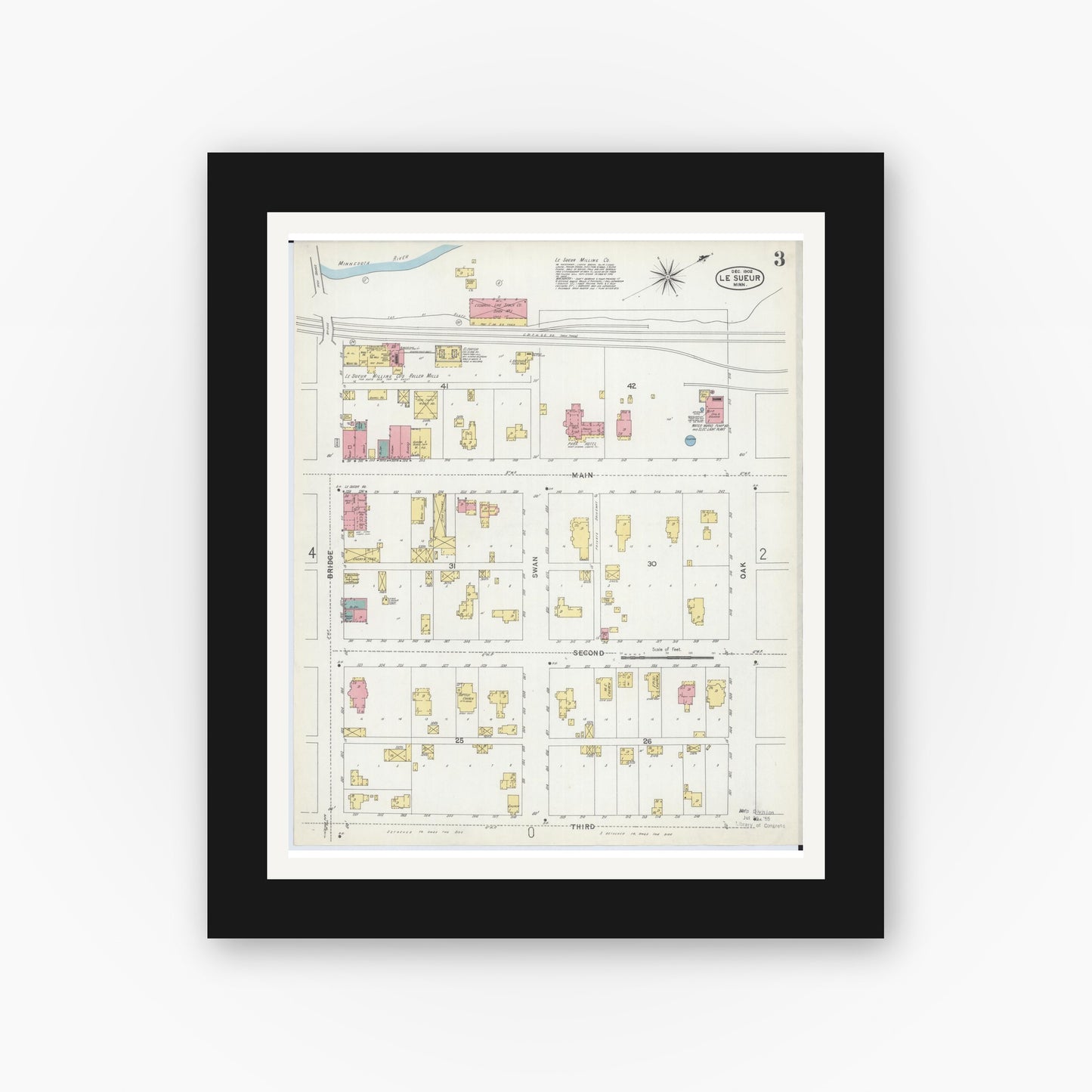 Old map wall art mockup — black gallery frame with white mat — Sanborn Fire Insurance Map from Le Sueur, Le Sueur County, Minnesota (1902), Sheet #0003
