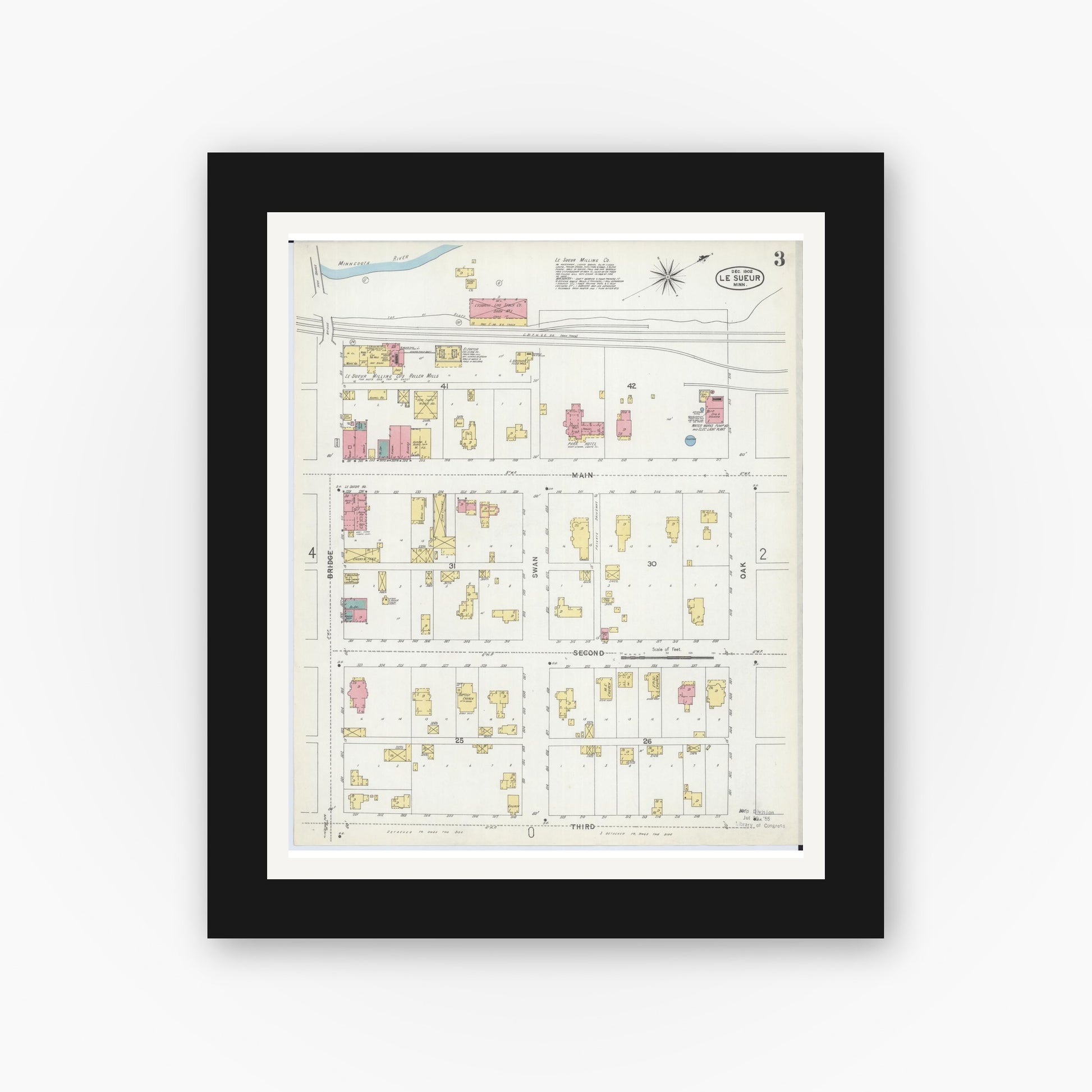 Old map wall art mockup — black gallery frame with white mat — Sanborn Fire Insurance Map from Le Sueur, Le Sueur County, Minnesota (1902), Sheet #0003