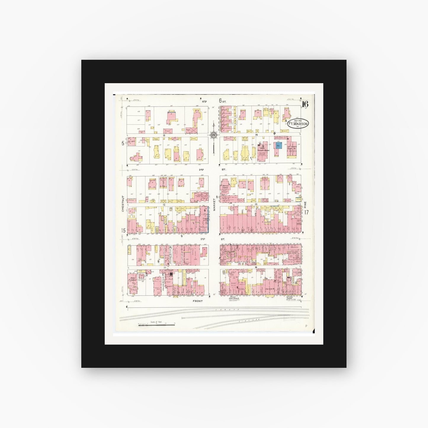 Old map wall art mockup — black gallery frame with white mat — Sanborn Fire Insurance Map from Fort Madison, Lee County, Iowa (1913), Sheet #0016
