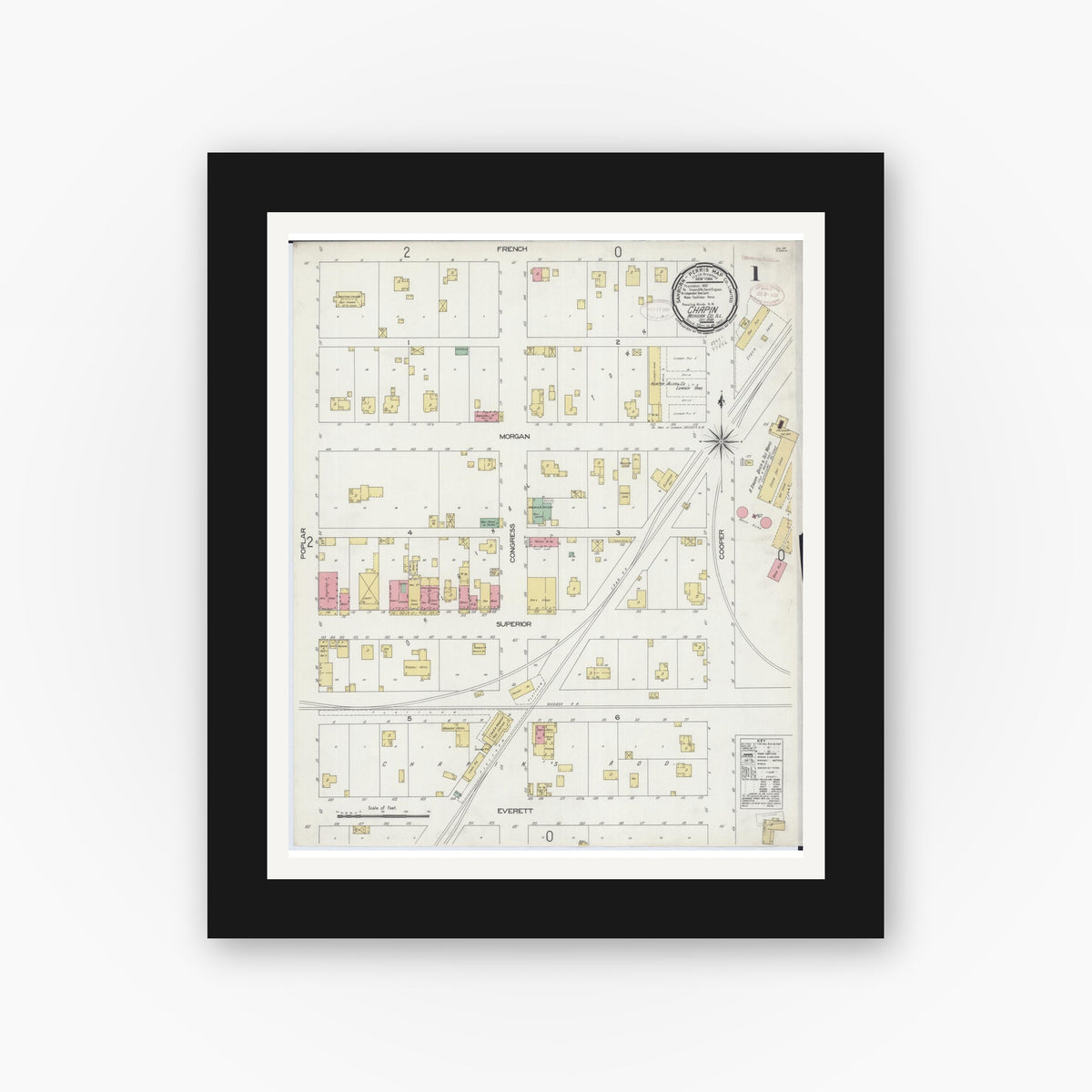 Old map wall art mockup — black gallery frame with white mat — Sanborn Fire Insurance Map from Chapin, Morgan County, Illinois (1898) - Complete Map Set