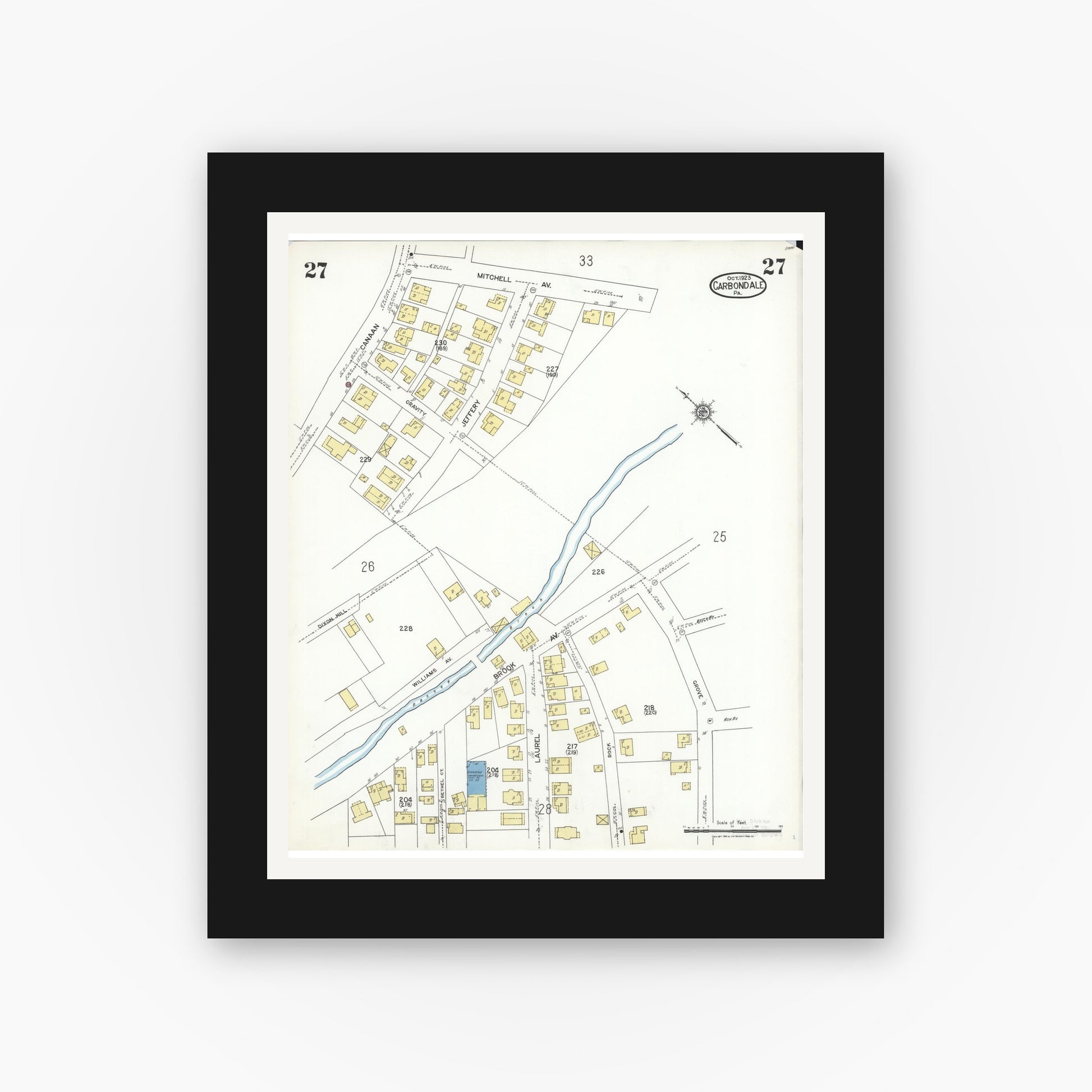Old map wall art mockup — black gallery frame with white mat — Sanborn Fire Insurance Map from Carbondale, Lackawanna County, Pennsylvania (1923), Sheet #0027