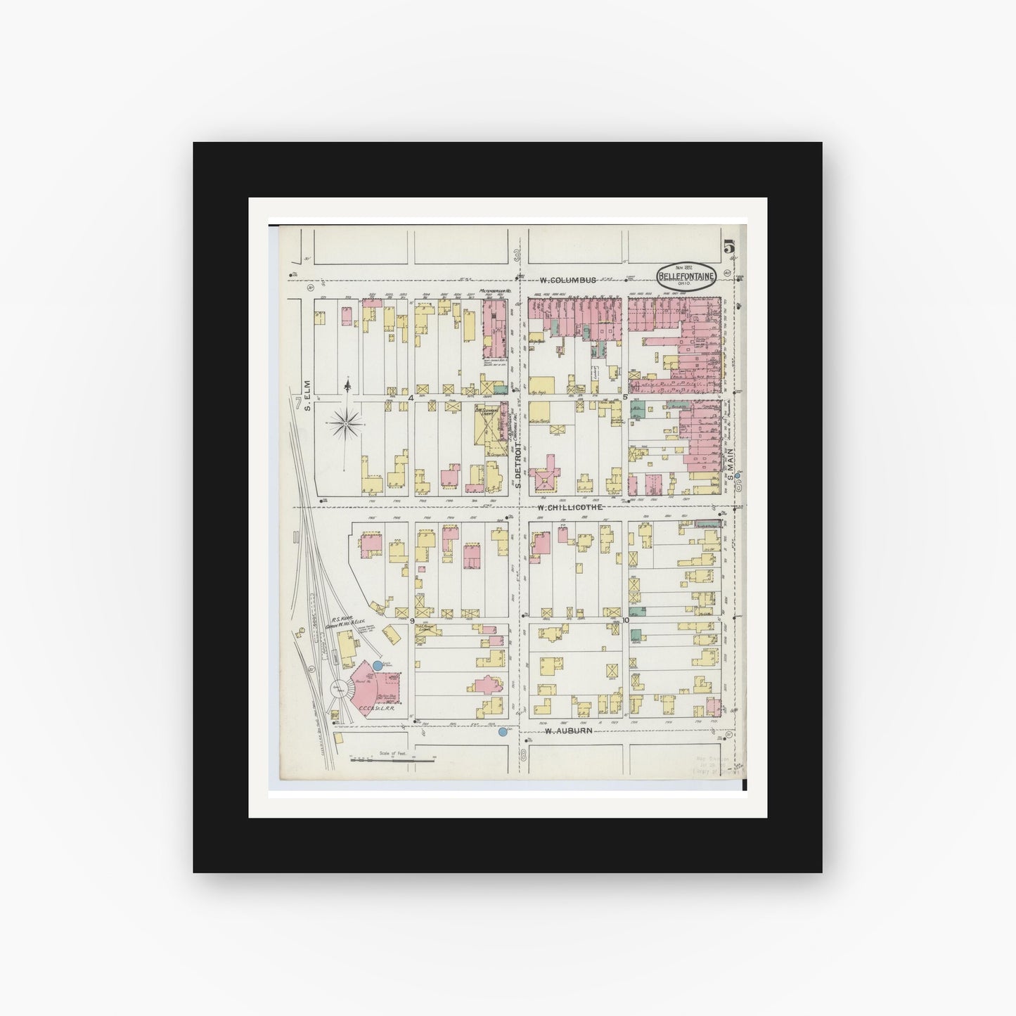 Old map wall art mockup — black gallery frame with white mat — Sanborn Fire Insurance Map from Bellefontaine, Logan County, Ohio (1892), Sheet #0005