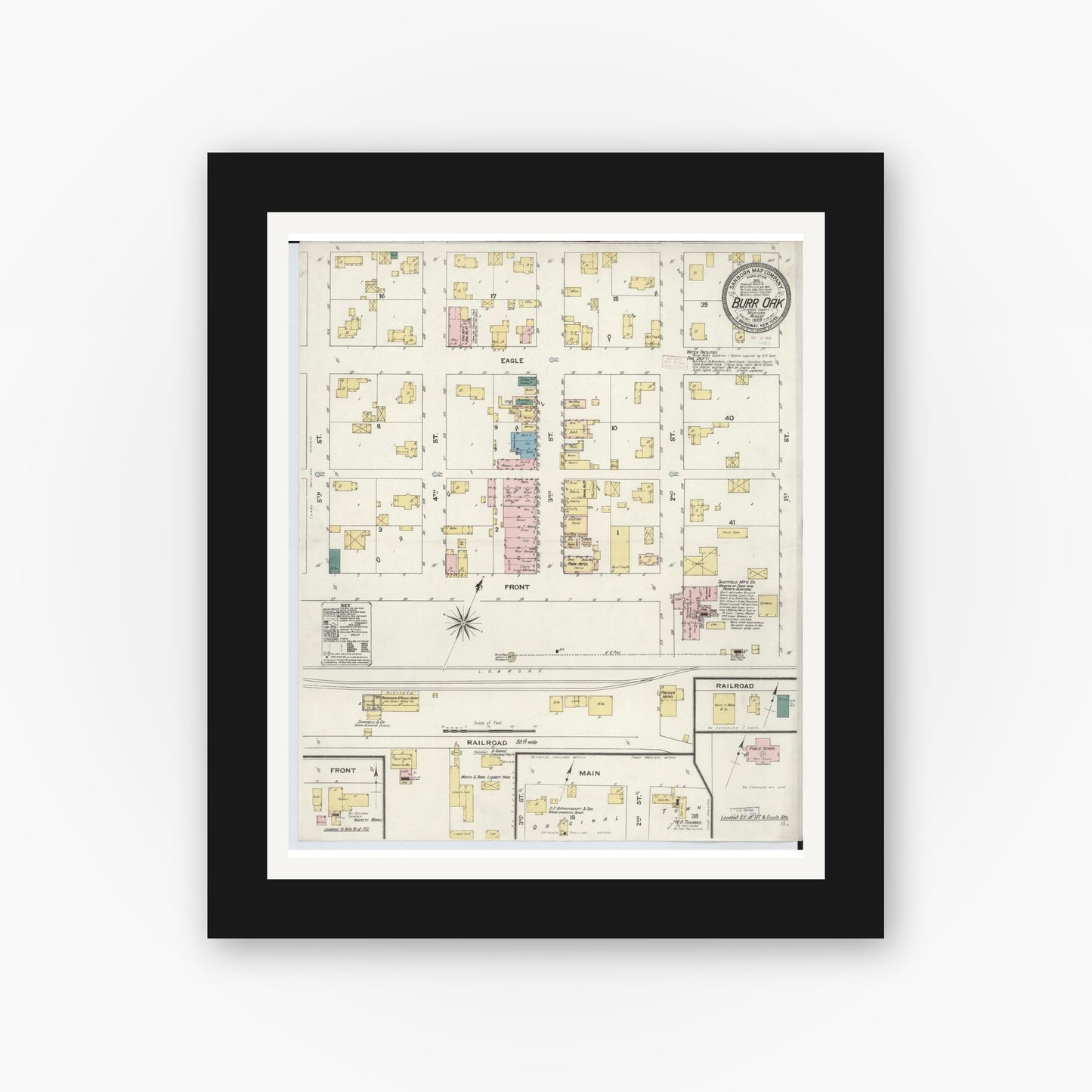 Old map wall art mockup — black gallery frame with white mat — Sanborn Fire Insurance Map from Burr Oak, Saint Joseph County, Michigan (1909), Sheet #0001