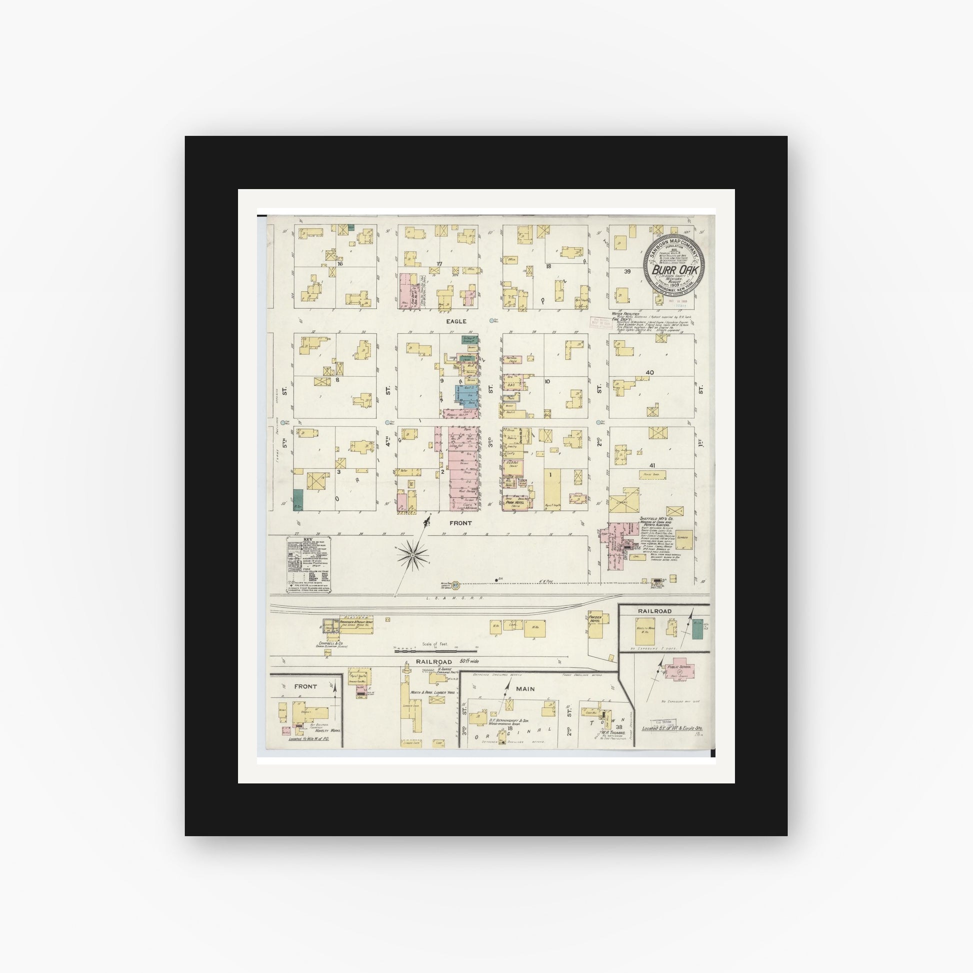 Old map wall art mockup — black gallery frame with white mat — Sanborn Fire Insurance Map from Burr Oak, Saint Joseph County, Michigan (1909), Sheet #0001