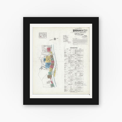 Old map wall art mockup — black gallery frame with white mat — Sanborn Fire Insurance Map from Monongahela City, Washington County, Pennsylvania (1918) - Complete Map Set