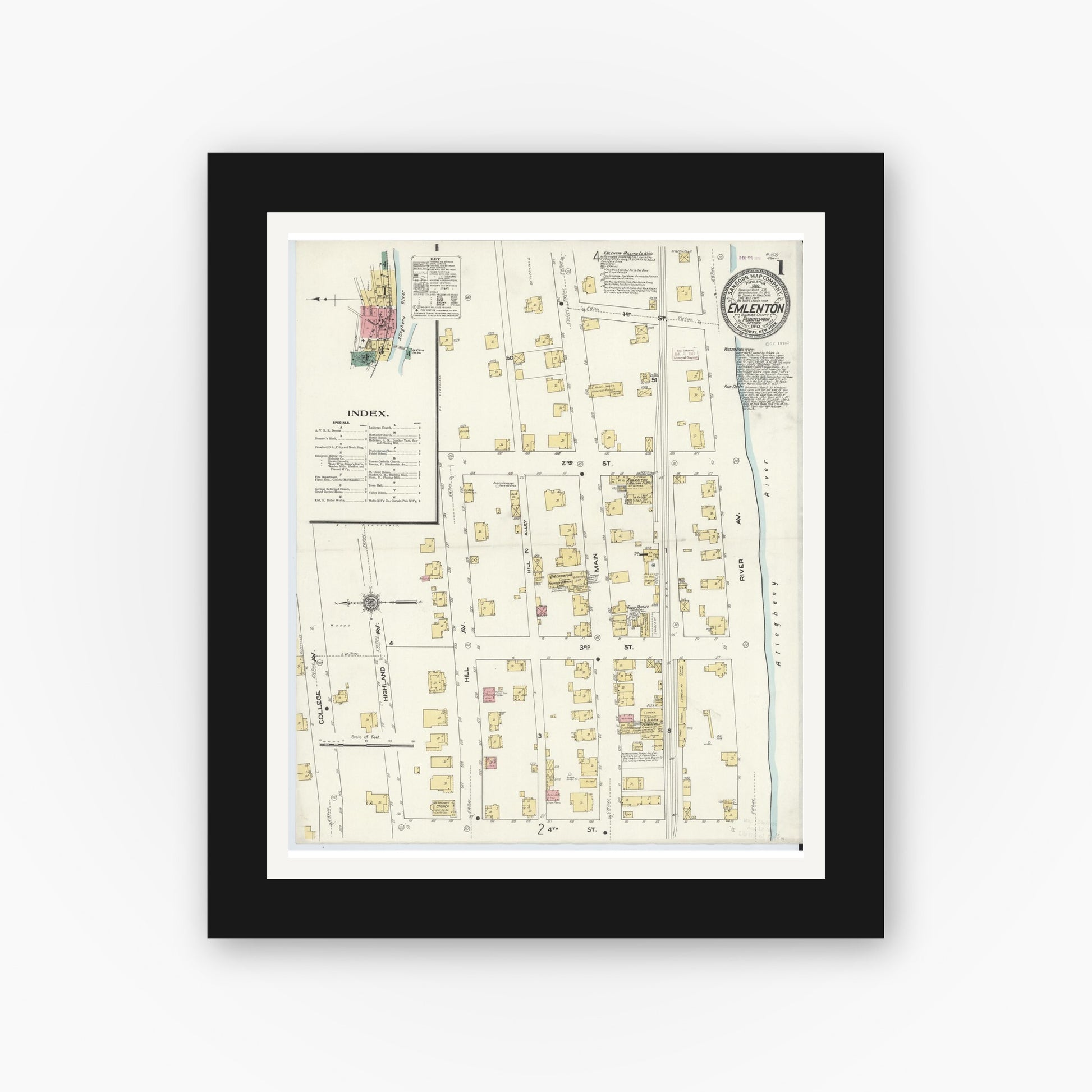 Old map wall art mockup — black gallery frame with white mat — Sanborn Fire Insurance Map from Emlenton, Venango County, Pennsylvania (1910) - Complete Map Set