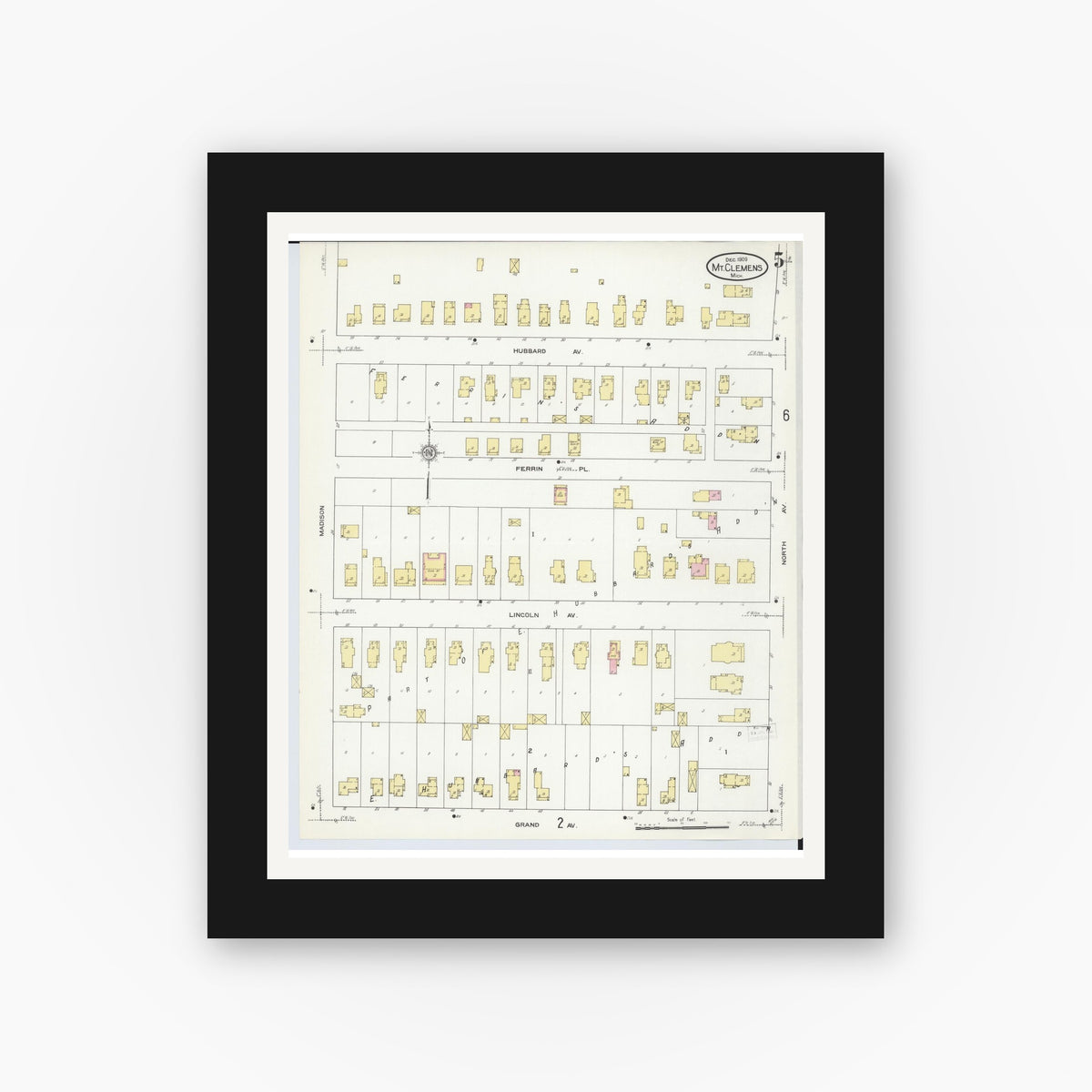Old map wall art mockup — black gallery frame with white mat — Sanborn Fire Insurance Map from Mount Clemens, Macomb County, Michigan (1909), Sheet #0005