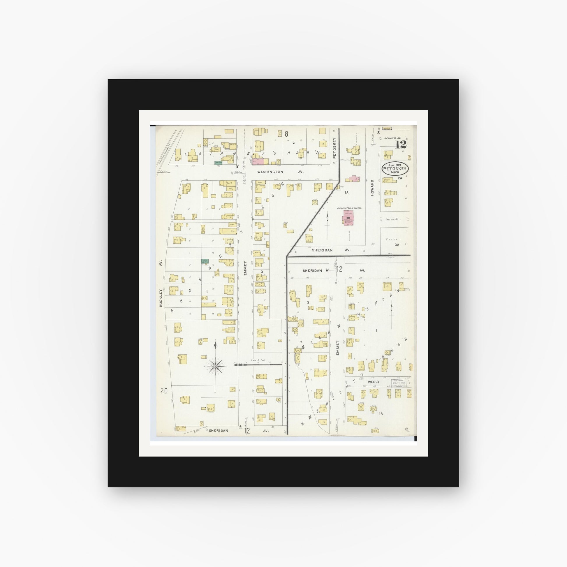 Old map wall art mockup — black gallery frame with white mat — Sanborn Fire Insurance Map from Petoskey, Emmet County, Michigan (1907), Sheet #0012