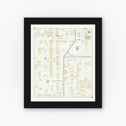 Old map wall art mockup — black gallery frame with white mat — Sanborn Fire Insurance Map from Petoskey, Emmet County, Michigan (1907), Sheet #0012