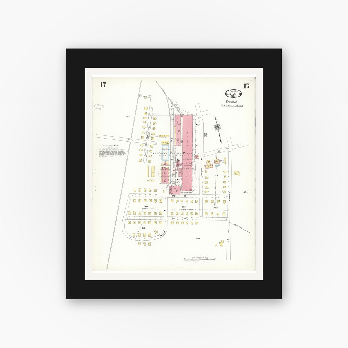 Old map wall art mockup — black gallery frame with white mat — Sanborn Fire Insurance Map from Lexington, Davidson County, North Carolina (1923), Sheet #0017