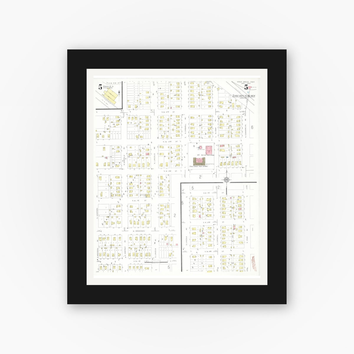 Old map wall art mockup — black gallery frame with white mat — Sanborn Fire Insurance Map from Eagle Grove, Wright County, Iowa (1933), Sheet #0005