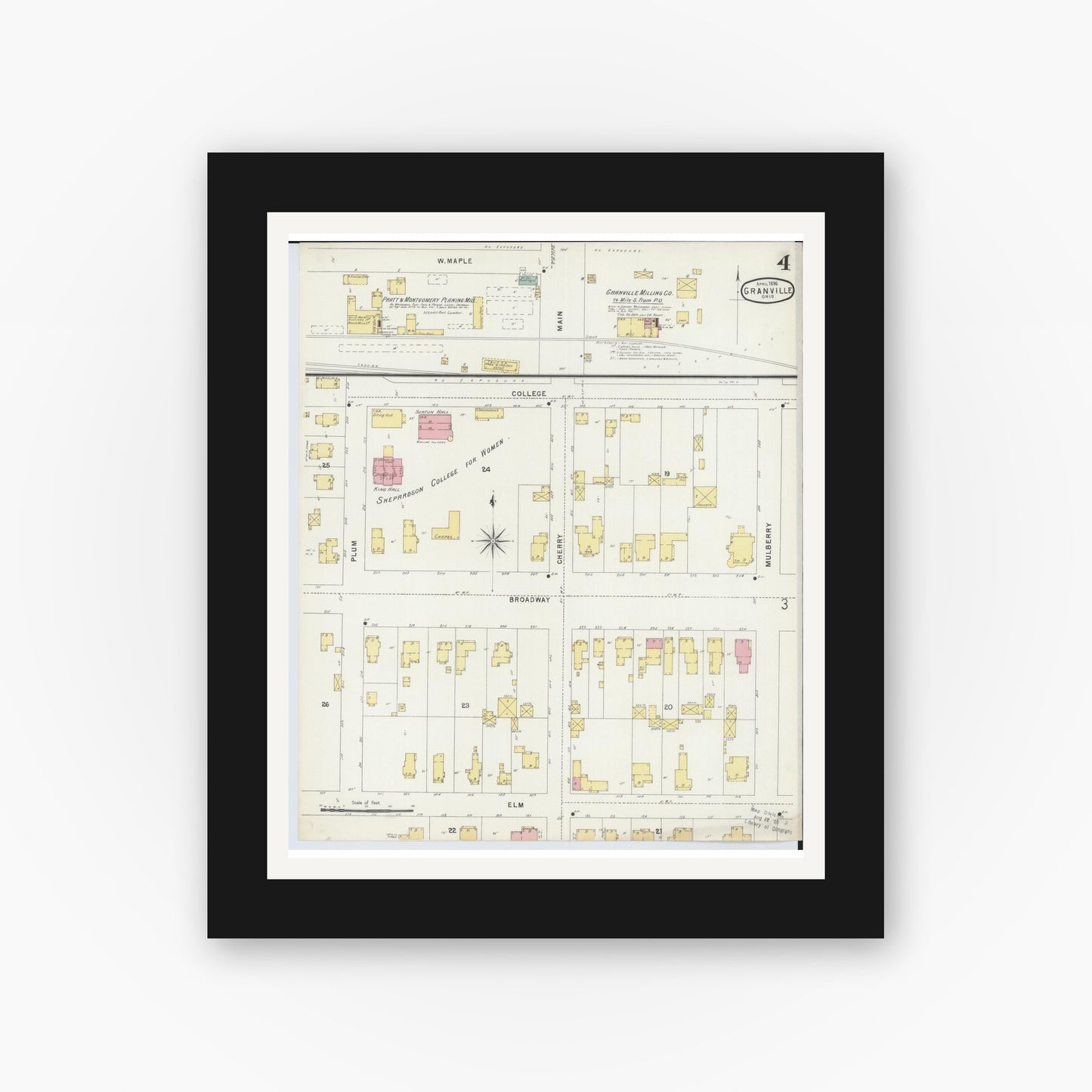 Old map wall art mockup — black gallery frame with white mat — Sanborn Fire Insurance Map from Granville, Licking County, Ohio (1896), Sheet #0004