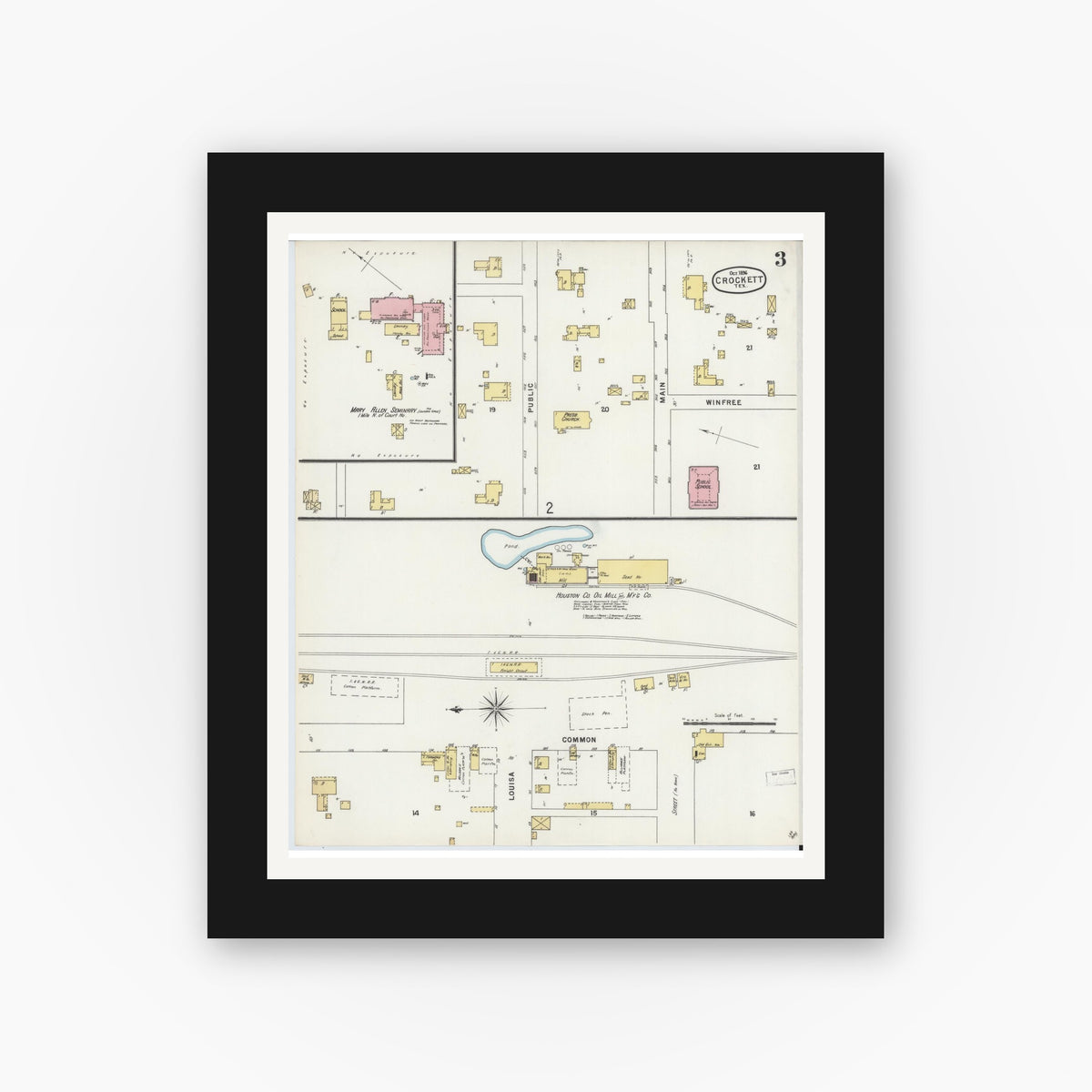 Old map wall art mockup — black gallery frame with white mat — Sanborn Fire Insurance Map from Crockett, Houston County, Texas (1896), Sheet #0003