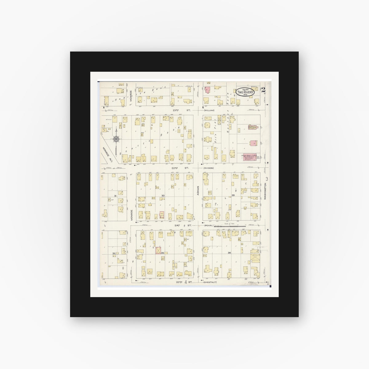 Old map wall art mockup — black gallery frame with white mat — Sanborn Fire Insurance Map from Two Rivers, Manitowoc County, Wisconsin (1913), Sheet #0002