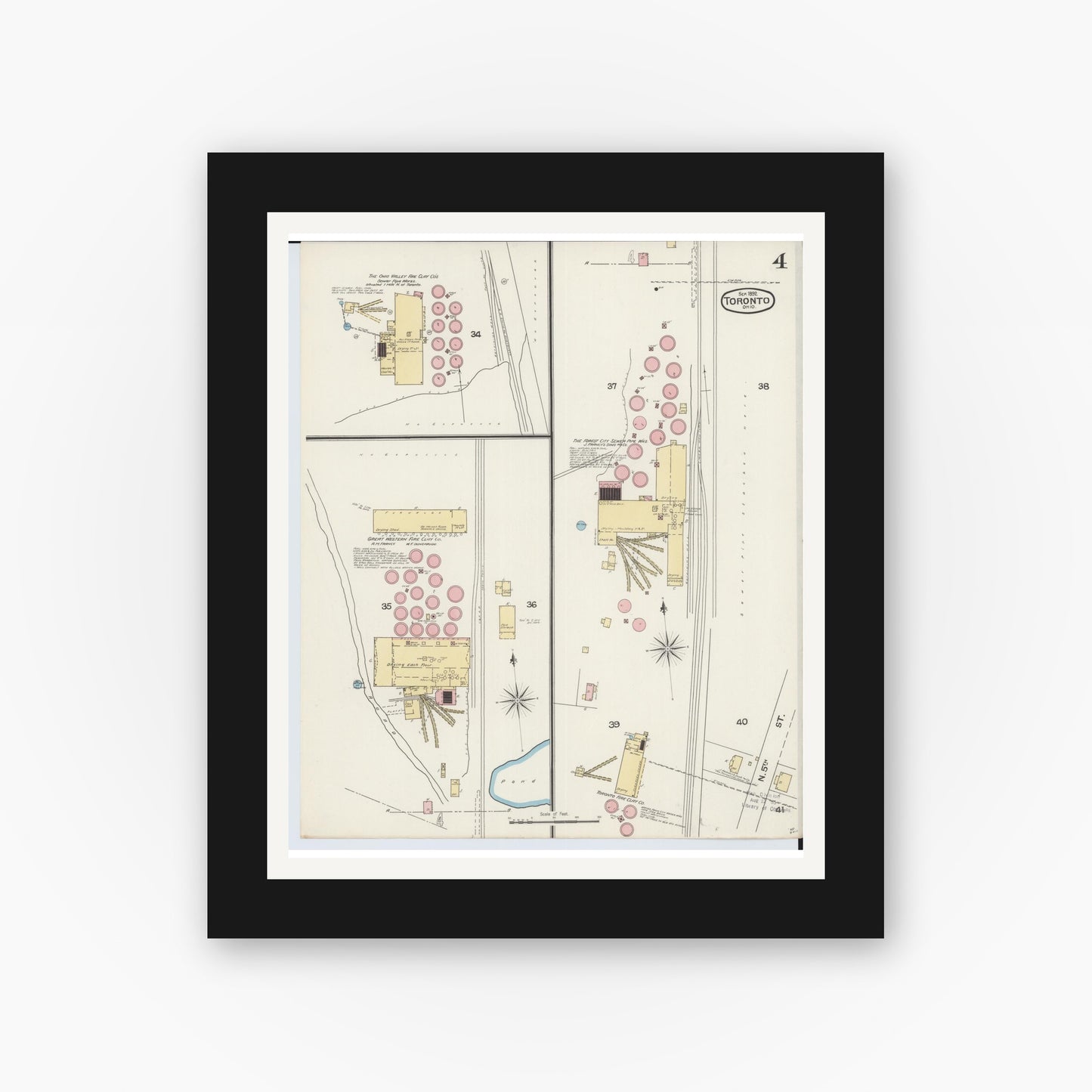 Old map wall art mockup — black gallery frame with white mat — Sanborn Fire Insurance Map from Toronto, Jefferson County, Ohio (1892), Sheet #0004