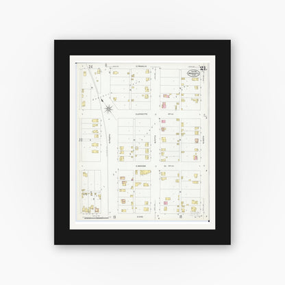 Old map wall art mockup — black gallery frame with white mat — Sanborn Fire Insurance Map from Mankato, Blue Earth County, Minnesota (1908), Sheet #0021