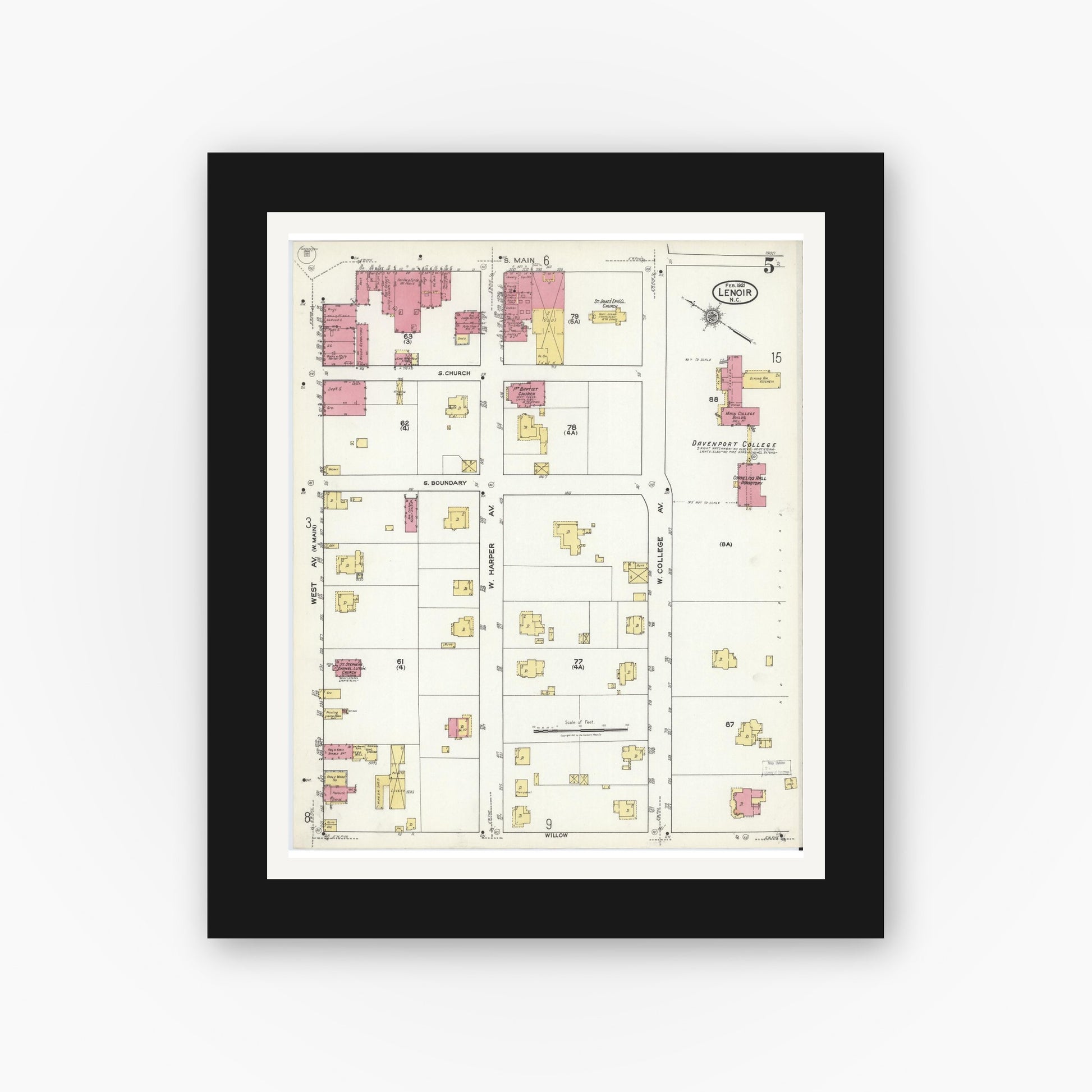 Old map wall art mockup — black gallery frame with white mat — Sanborn Fire Insurance Map from Lenoir, Caldwell County, North Carolina (1921), Sheet #0005