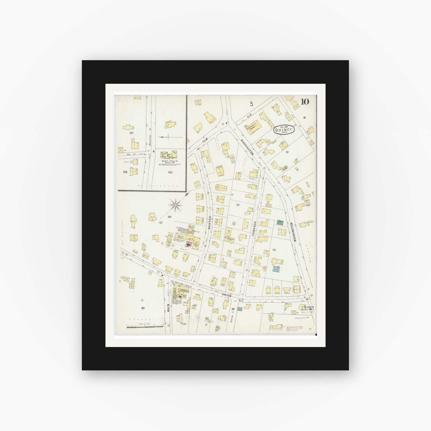 Old map wall art mockup — black gallery frame with white mat — Sanborn Fire Insurance Map from Quincy, Norfolk County, Massachusetts (1896), Sheet #0010