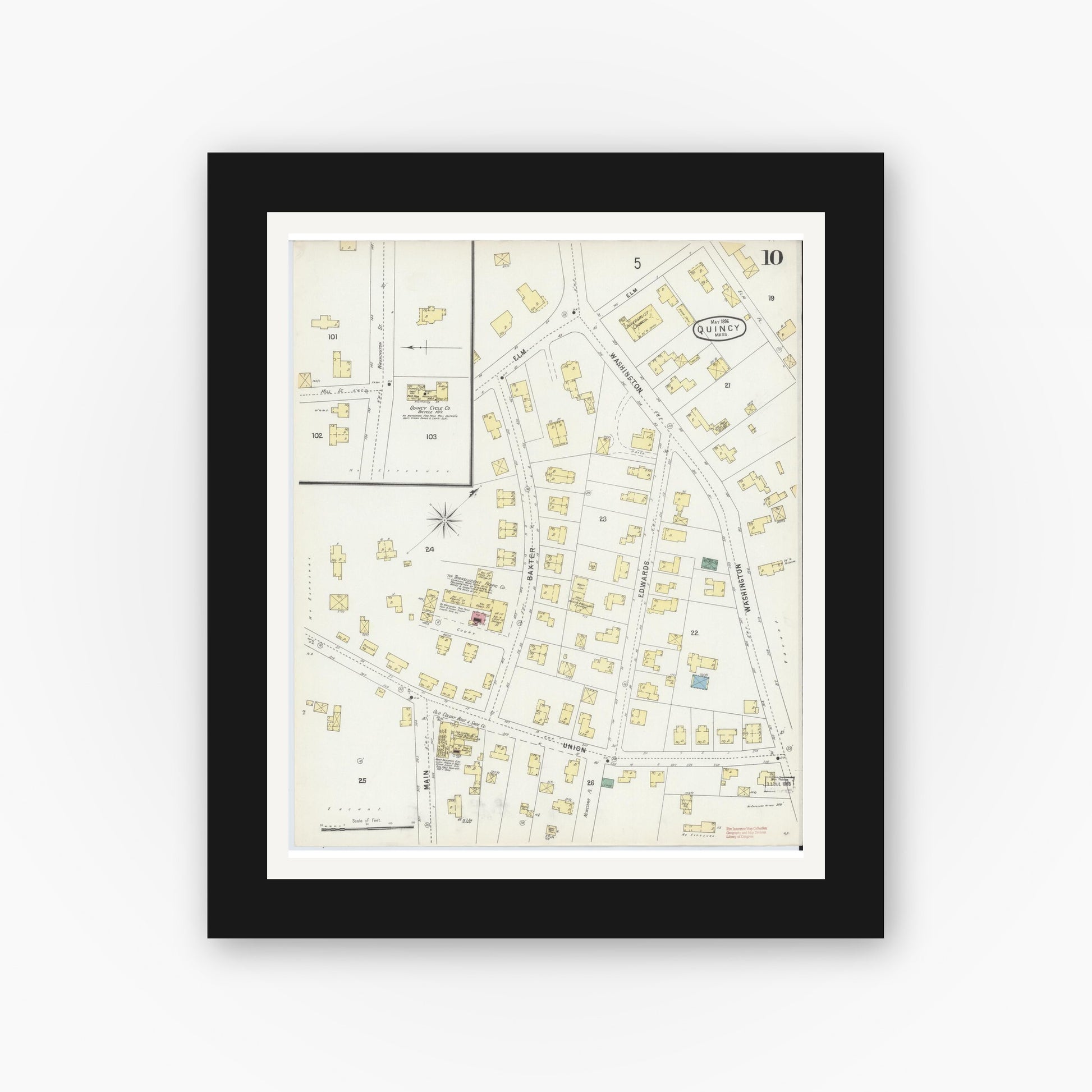 Old map wall art mockup — black gallery frame with white mat — Sanborn Fire Insurance Map from Quincy, Norfolk County, Massachusetts (1896), Sheet #0010