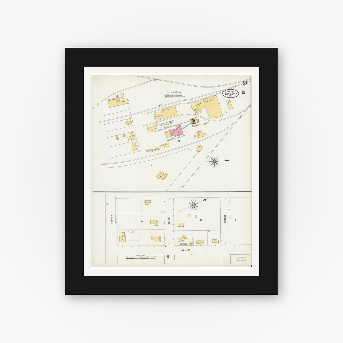 Old map wall art mockup — black gallery frame with white mat — Sanborn Fire Insurance Map from Live Oak, Suwanee County, Florida (1906), Sheet #0009