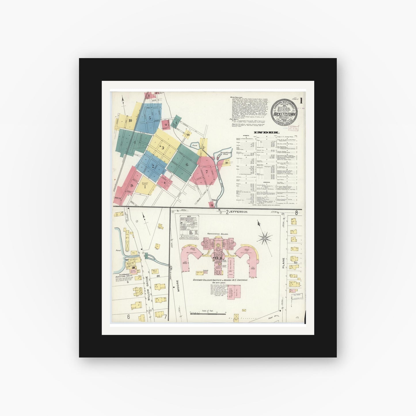 Old map wall art mockup — black gallery frame with white mat — Sanborn Fire Insurance Map from Hackettstown, Warren County, New Jersey (1909) - Complete Map Set