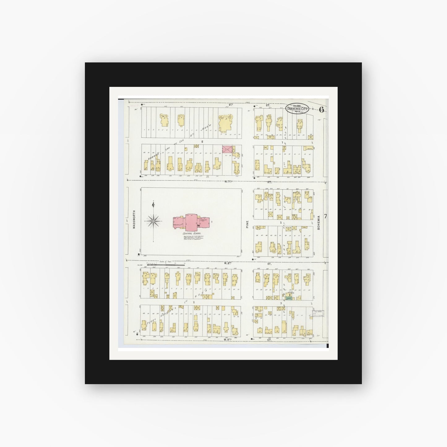 Old map wall art mockup — black gallery frame with white mat — Sanborn Fire Insurance Map from Traverse City, Grand Traverse County, Michigan (1899), Sheet #0006