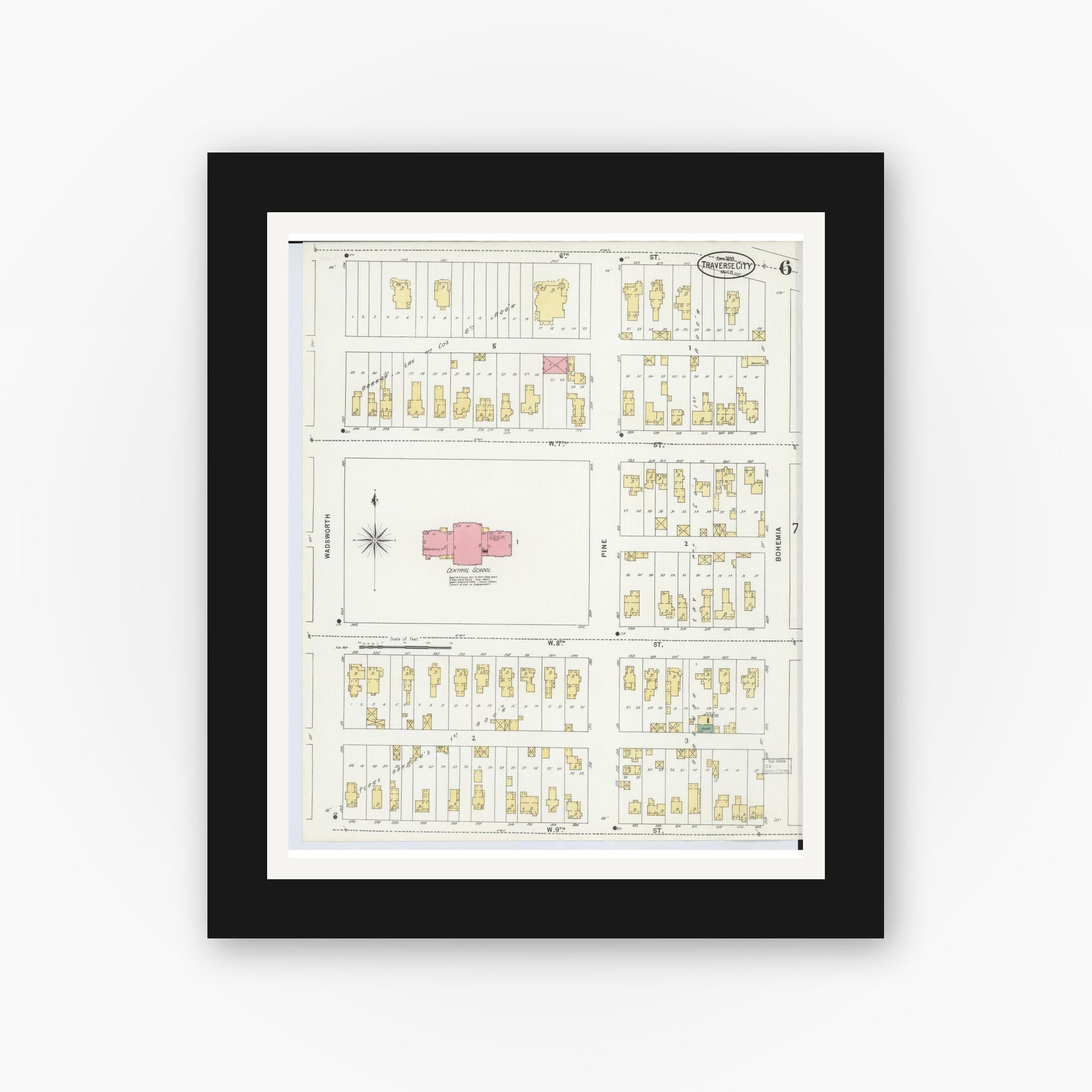 Old map wall art mockup — black gallery frame with white mat — Sanborn Fire Insurance Map from Traverse City, Grand Traverse County, Michigan (1899), Sheet #0006