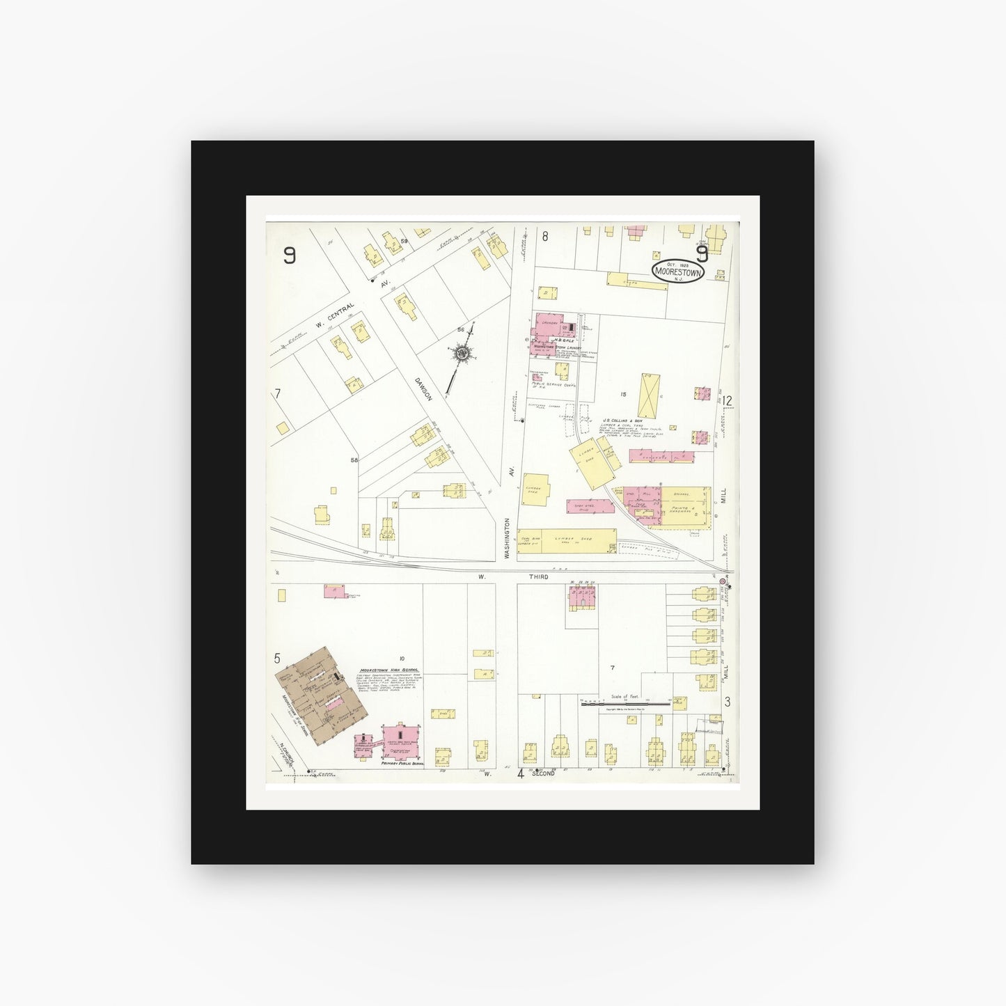 Old map wall art mockup — black gallery frame with white mat — Sanborn Fire Insurance Map from Moorestown, Burlington County, New Jersey (1923), Sheet #0009