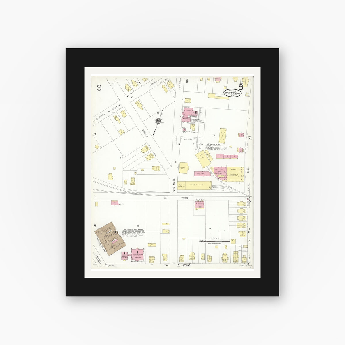 Old map wall art mockup — black gallery frame with white mat — Sanborn Fire Insurance Map from Moorestown, Burlington County, New Jersey (1923), Sheet #0009