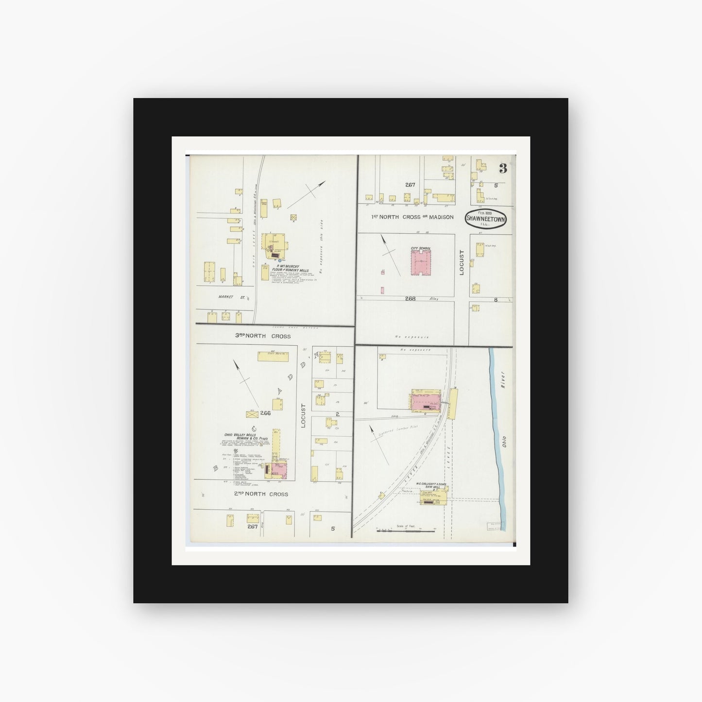 Old map wall art mockup — black gallery frame with white mat — Sanborn Fire Insurance Map from Shawneetown, Gallatin County, Illinois (1893), Sheet #0003