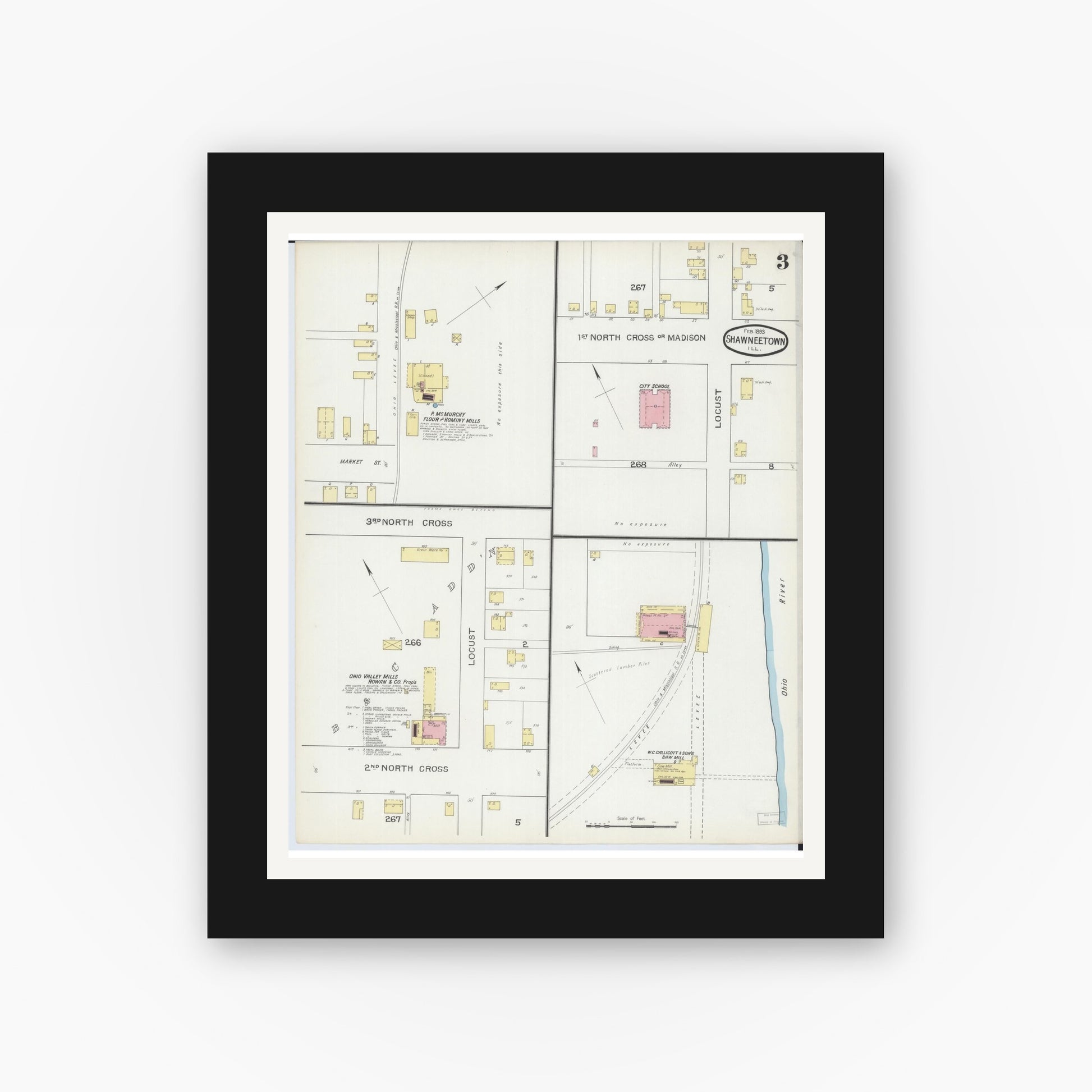 Old map wall art mockup — black gallery frame with white mat — Sanborn Fire Insurance Map from Shawneetown, Gallatin County, Illinois (1893), Sheet #0003