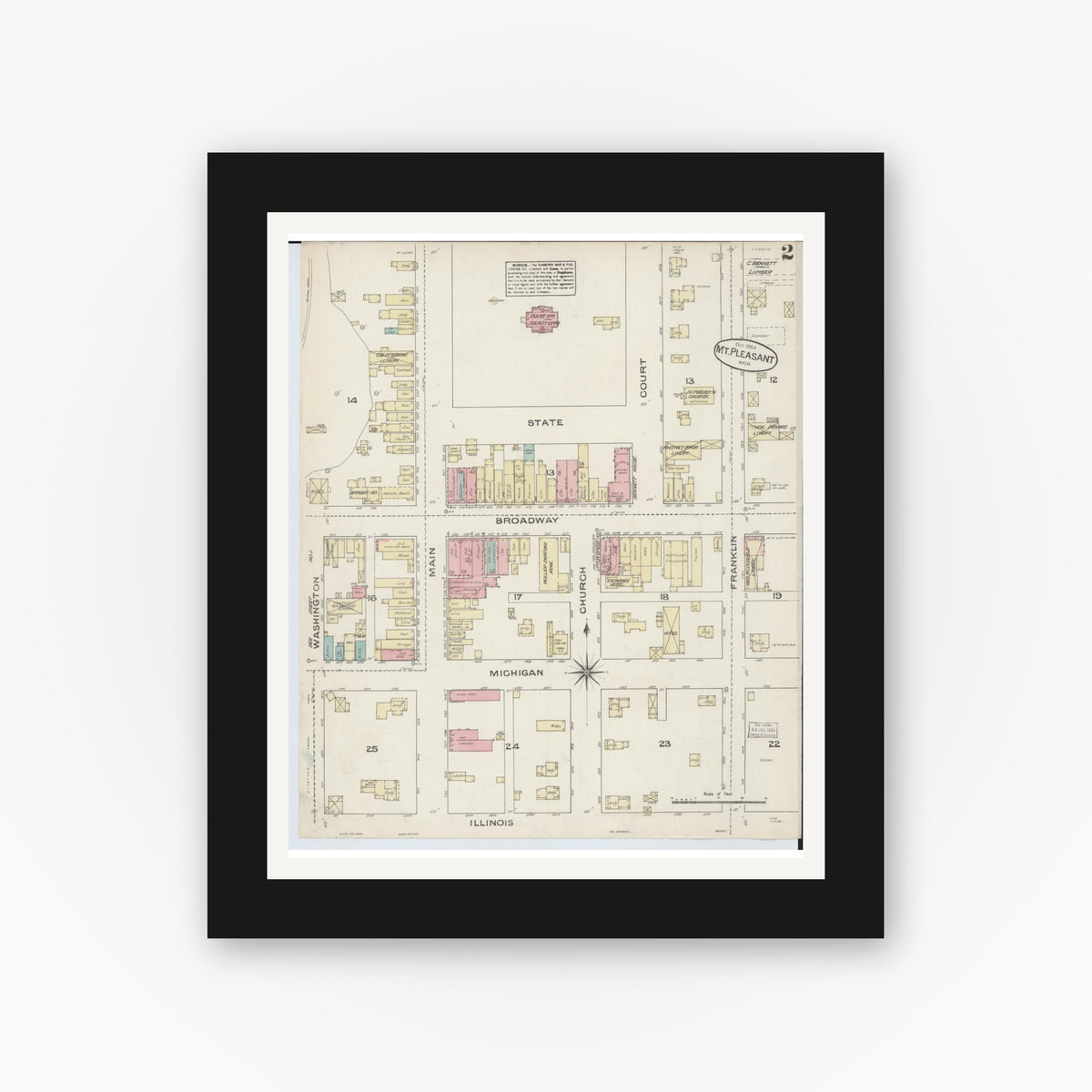 Old map wall art mockup — black gallery frame with white mat — Sanborn Fire Insurance Map from Mount Pleasant, Isabella County, Michigan (1884), Sheet #0002