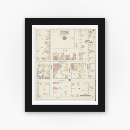 Old map wall art mockup — black gallery frame with white mat — Sanborn Fire Insurance Map from Mount Pleasant, Isabella County, Michigan (1884), Sheet #0002