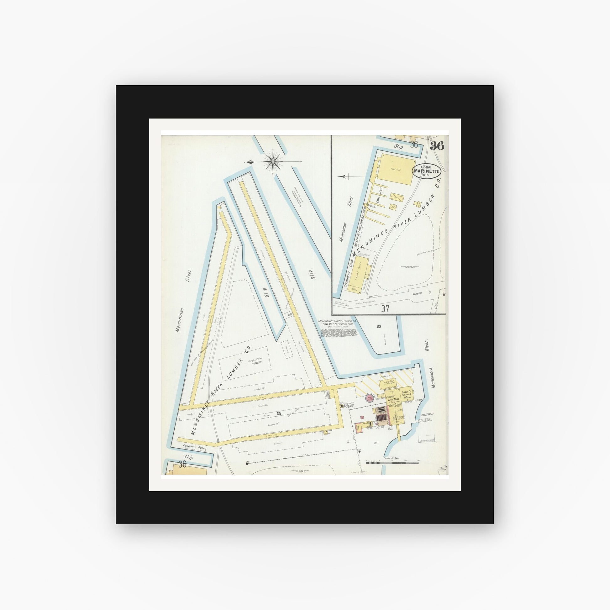 Old map wall art mockup — black gallery frame with white mat — Sanborn Fire Insurance Map from Marinette, Marinette County, Wisconsin (1901), Sheet #0036