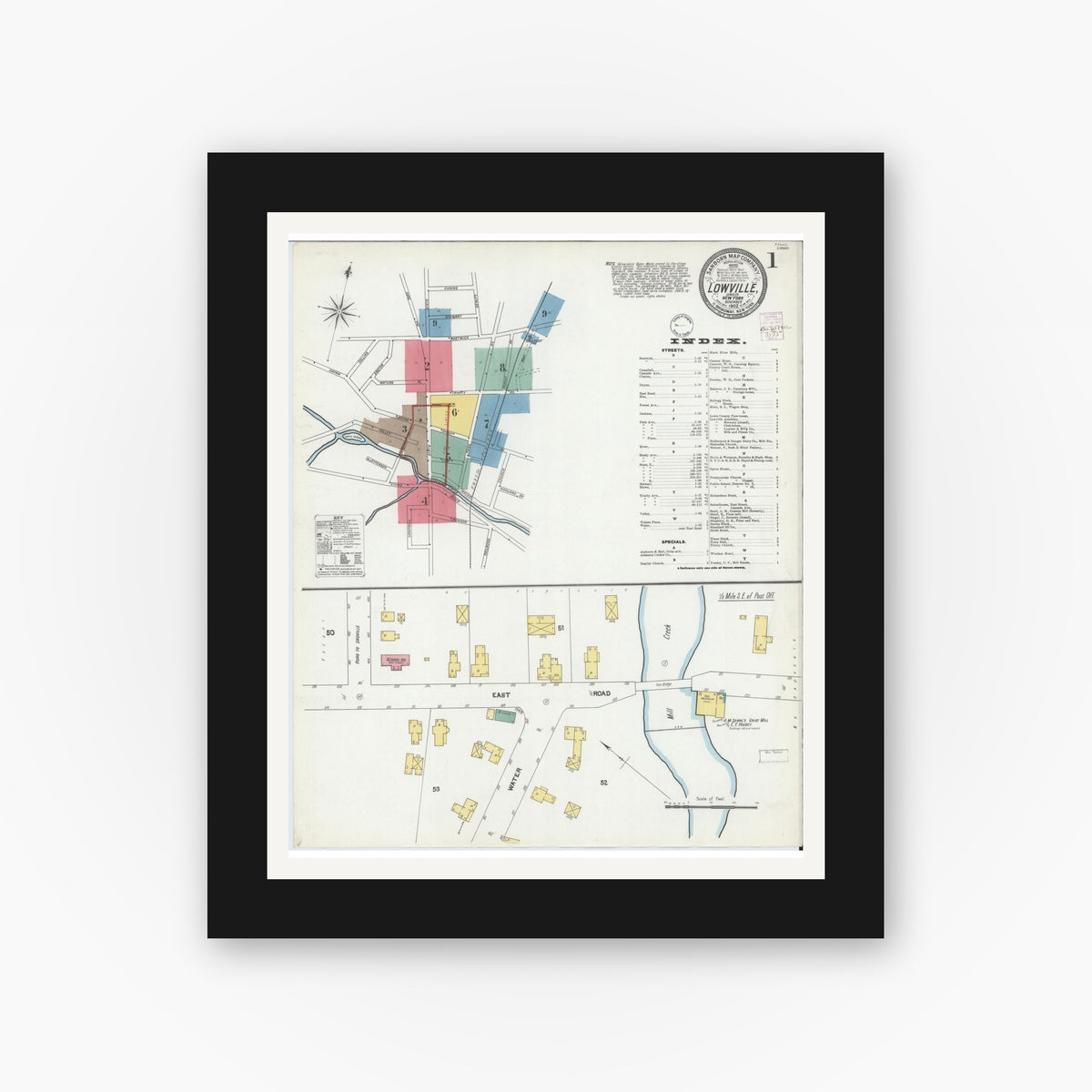 Old map wall art mockup — black gallery frame with white mat — Sanborn Fire Insurance Map from Lowville, Lewis County, New York (1902) - Complete Map Set