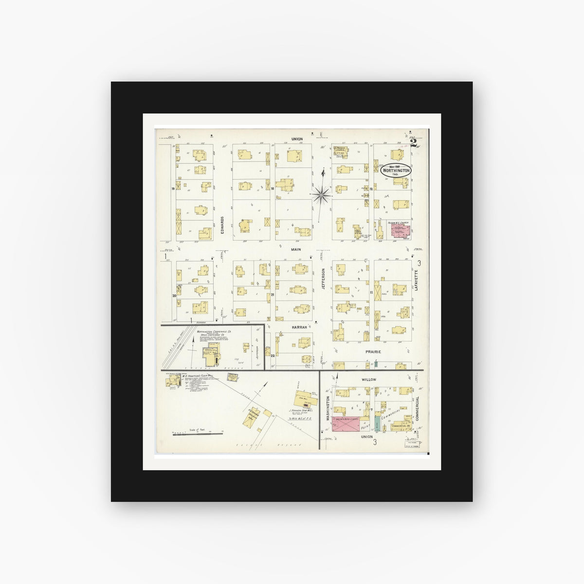 Old map wall art mockup — black gallery frame with white mat — Sanborn Fire Insurance Map from Worthington, Greene County, Indiana (1907), Sheet #0002