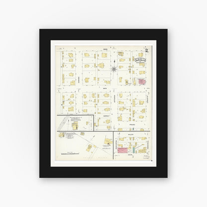 Old map wall art mockup — black gallery frame with white mat — Sanborn Fire Insurance Map from Worthington, Greene County, Indiana (1907), Sheet #0002