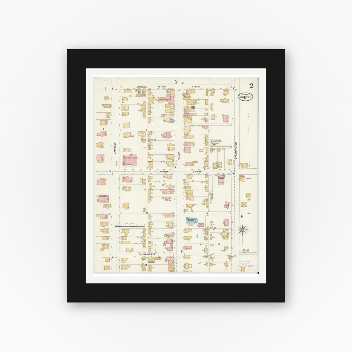 Old map wall art mockup — black gallery frame with white mat — Sanborn Fire Insurance Map from Muncy, Lycoming County, Pennsylvania (1901), Sheet #0002