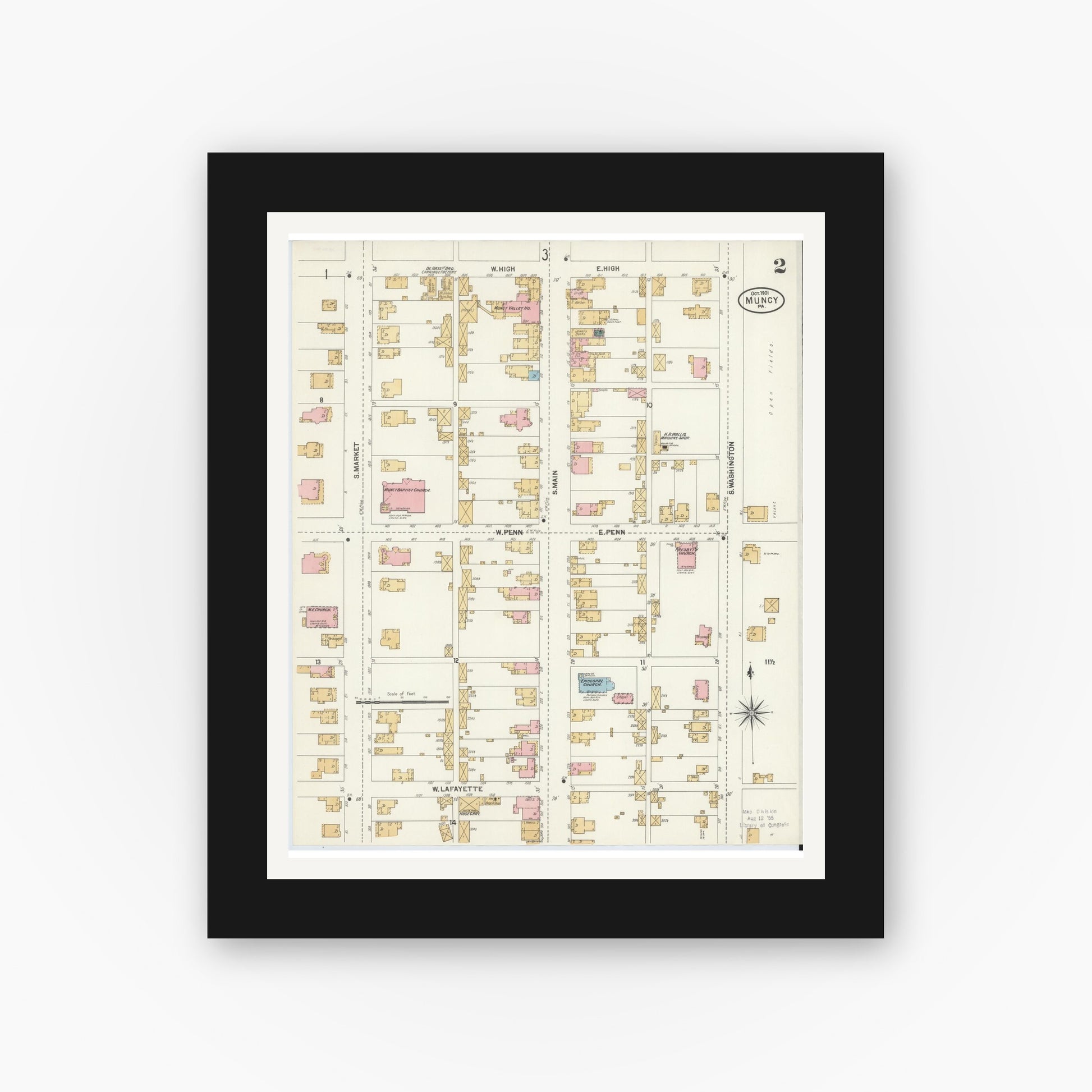 Old map wall art mockup — black gallery frame with white mat — Sanborn Fire Insurance Map from Muncy, Lycoming County, Pennsylvania (1901), Sheet #0002
