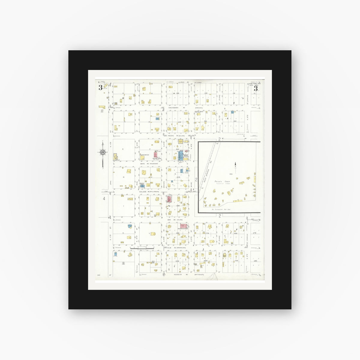 Old map wall art mockup — black gallery frame with white mat — Sanborn Fire Insurance Map from Junction, Kimble County, Texas (1933), Sheet #0003