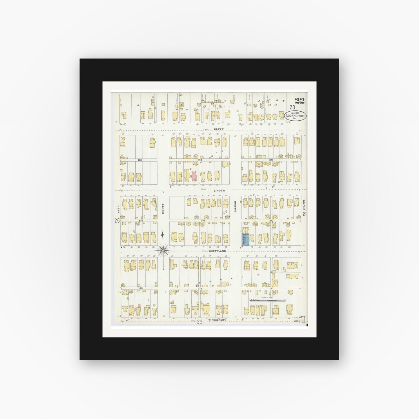 Old map wall art mockup — black gallery frame with white mat — Sanborn Fire Insurance Map from Logansport, Cass County, Indiana (1906), Sheet #0022