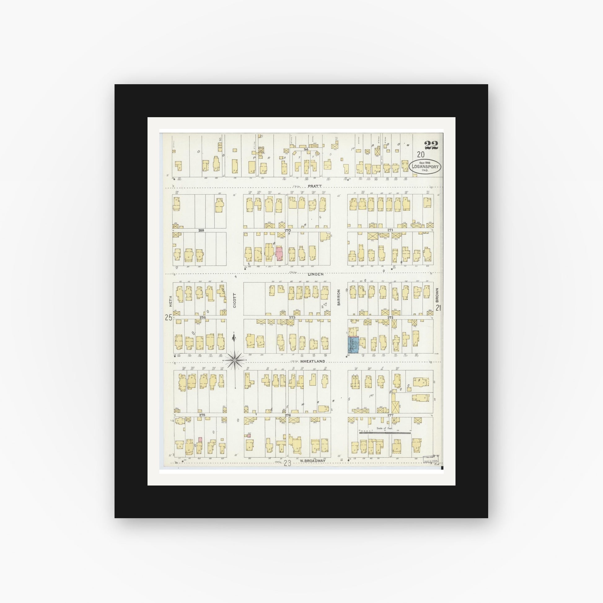 Old map wall art mockup — black gallery frame with white mat — Sanborn Fire Insurance Map from Logansport, Cass County, Indiana (1906), Sheet #0022