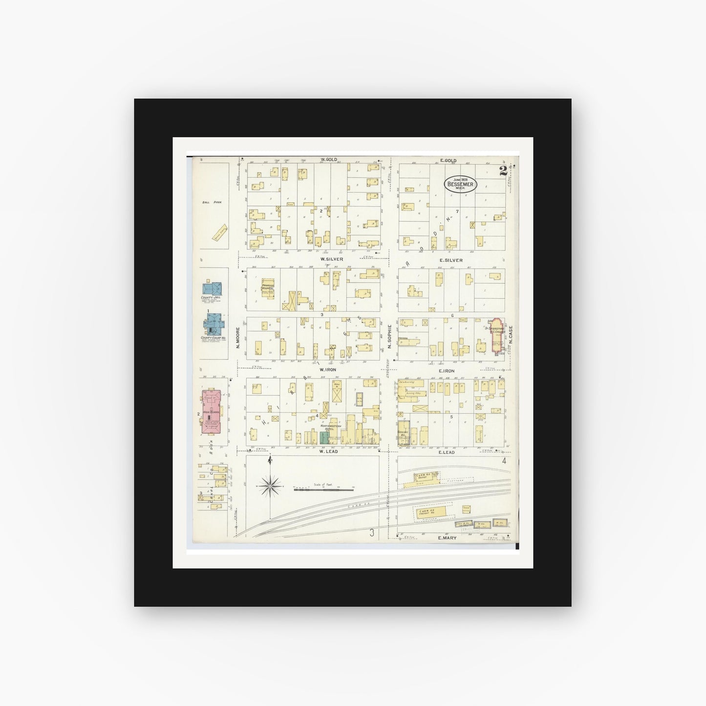 Old map wall art mockup — black gallery frame with white mat — Sanborn Fire Insurance Map from Bessemer, Gogebic County, Michigan (1908), Sheet #0002