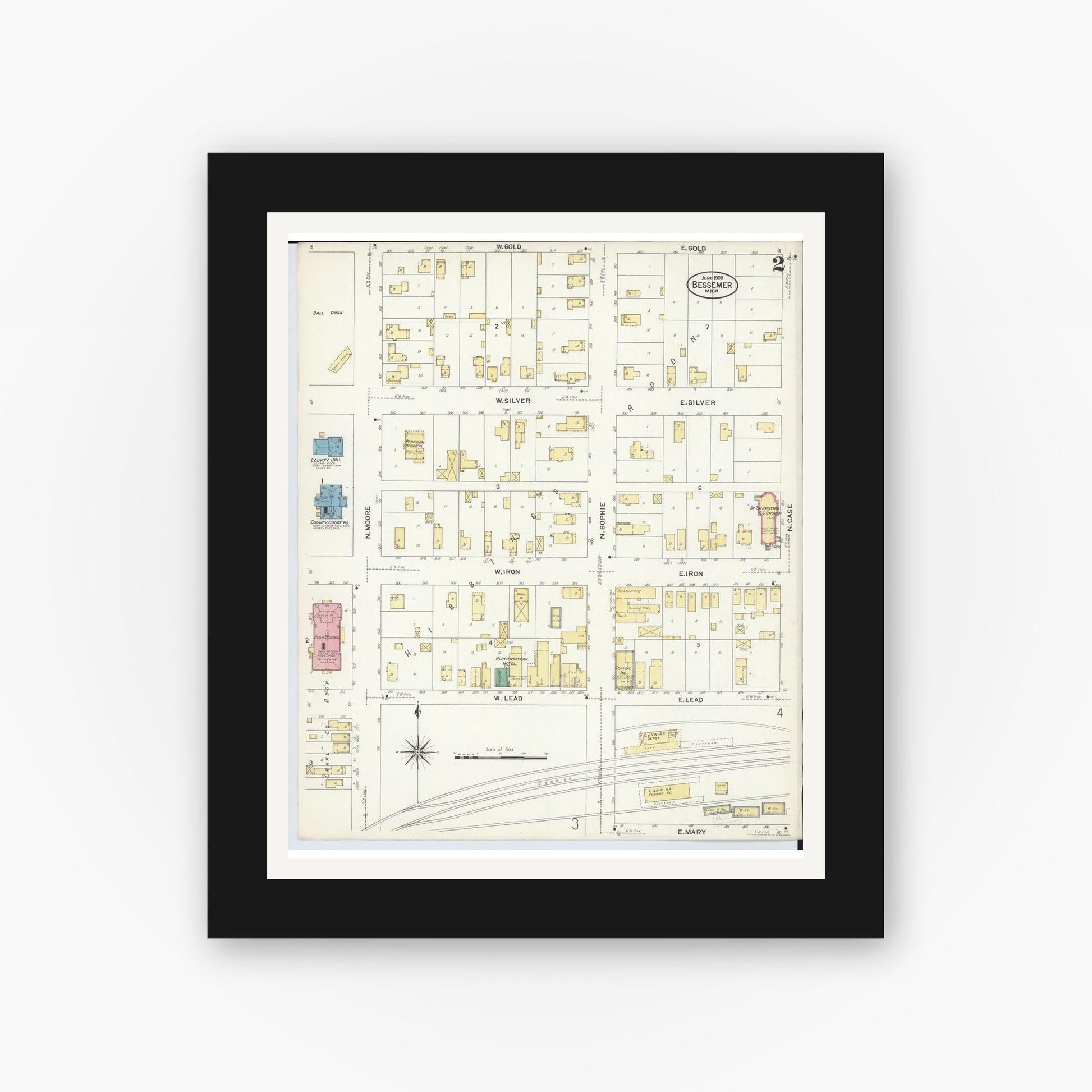 Old map wall art mockup — black gallery frame with white mat — Sanborn Fire Insurance Map from Bessemer, Gogebic County, Michigan (1908), Sheet #0002
