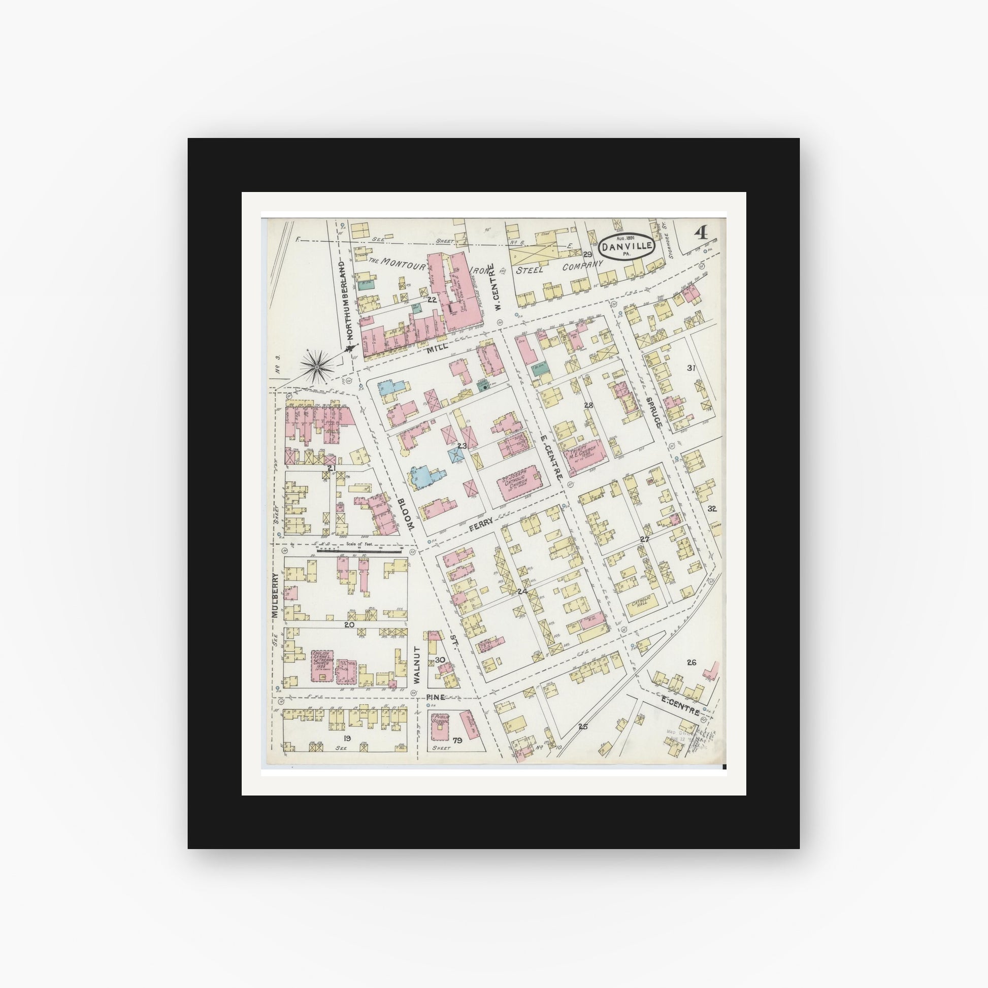 Old map wall art mockup — black gallery frame with white mat — Sanborn Fire Insurance Map from Danville, Montour County, Pennsylvania (1891), Sheet #0004