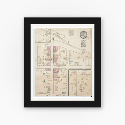 Old map wall art mockup — black gallery frame with white mat — Sanborn Fire Insurance Map from Fenton, Genesee County, Michigan (1884), Sheet #0001