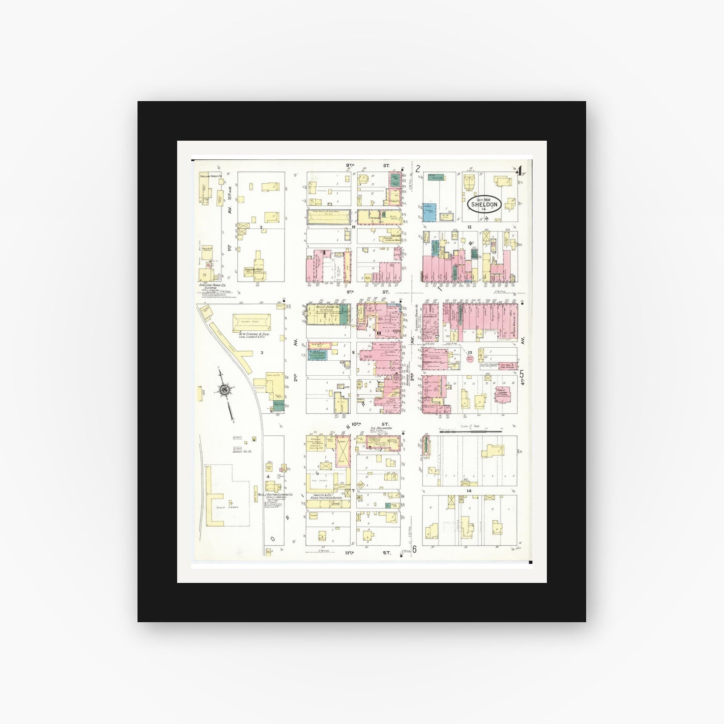 Old map wall art mockup — black gallery frame with white mat — Sanborn Fire Insurance Map from Sheldon, O'Brien County, Iowa (1909), Sheet #0004